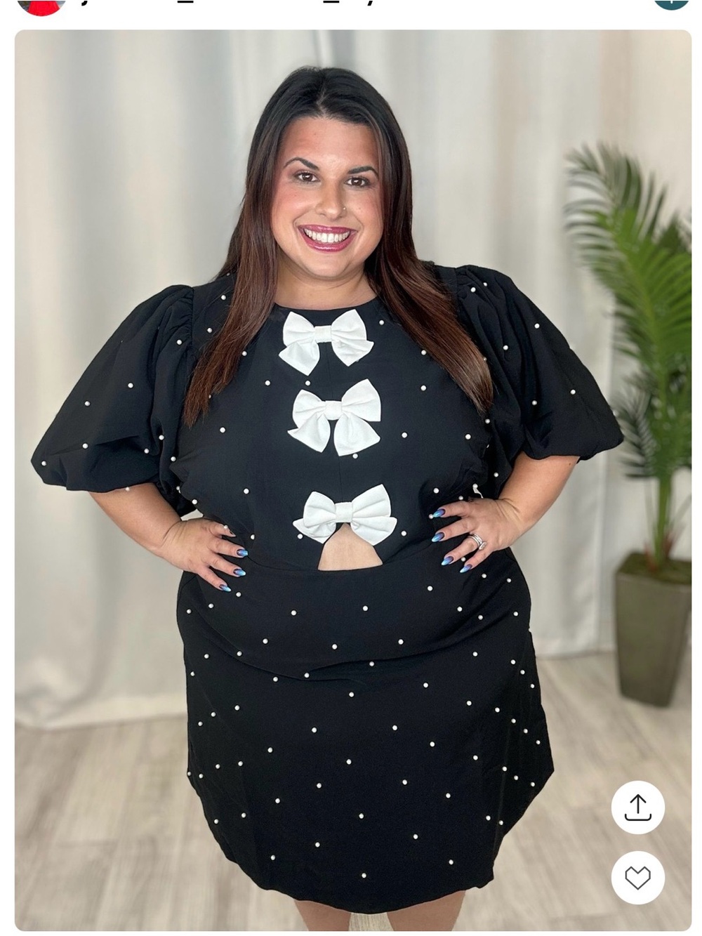 Eloquii Black Dress with White Bows and Pearl Dot Accents